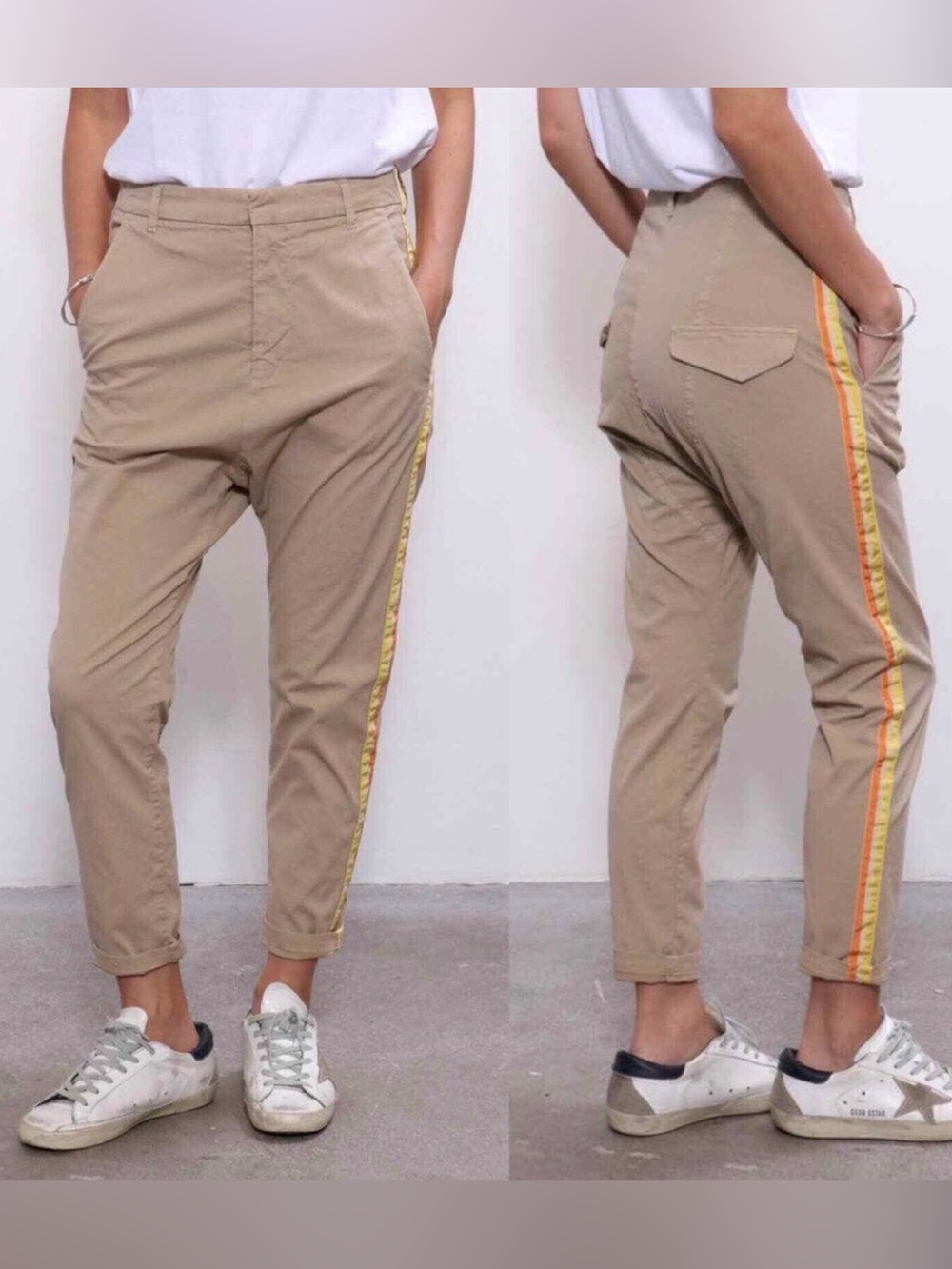 Nili Lotan Khaki Paris Pant Side Stripe Tape Detail Drop Crotch Ankle Chino Sz 2